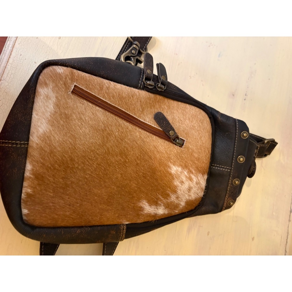Myra Bag Hair-On Hide Sling Backpack Crossbody Western Brown - Picture 2 of 5